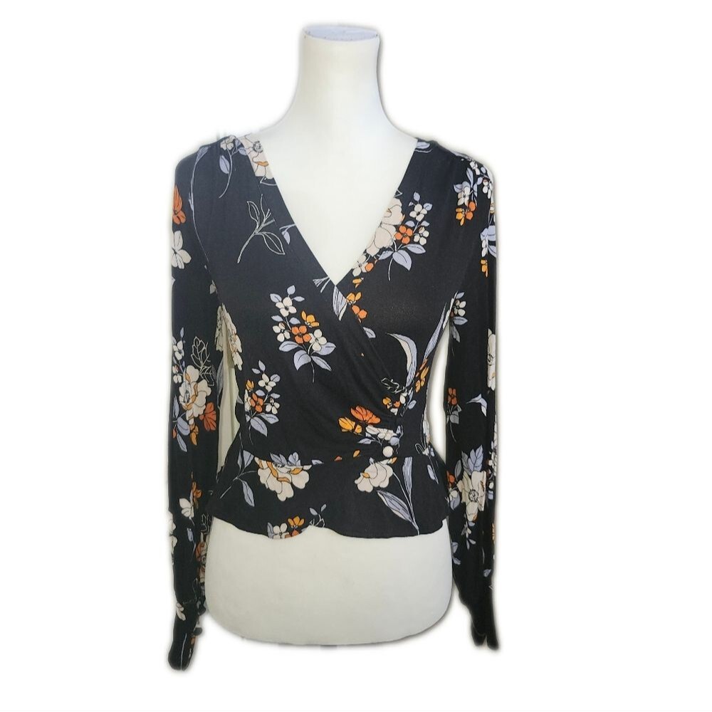 Free People V-neck Floral Wrap Top - Black, Blue, Orange, White, XS